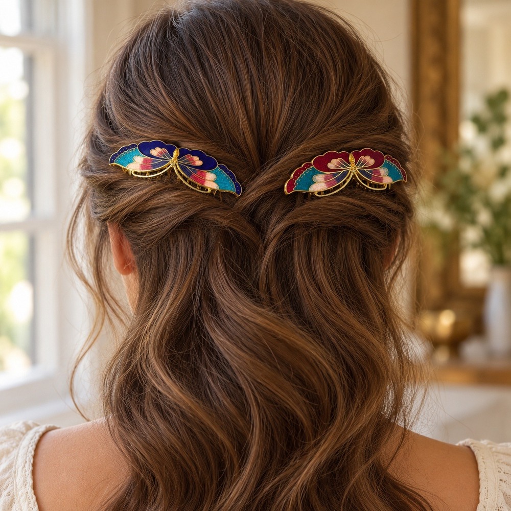 intage Cloisonné Style Dragonfly Hair Combs Pair Navy Burgundy Turquoise Pink